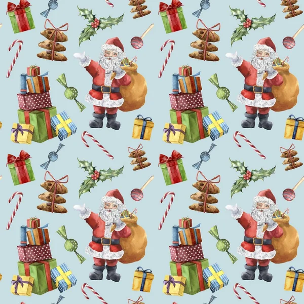 Акварель рождественский узор с Санта-Клаусом и сладости. Ручная роспись Рождественский персонаж с Холли, конфеты, печенье и подарки с лентой. Праздничный фон для дизайна, ткани — стоковое фото