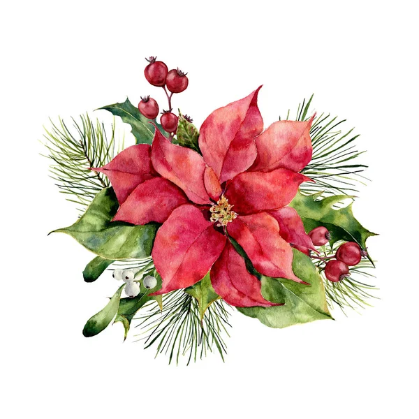 Aquarelle poinsettia avec décor floral de Noël. Fleurs et plantes traditionnelles peintes à la main : houx, gui, baies et branches de sapin isolées sur fond blanc. Tirage vacances . — Photo