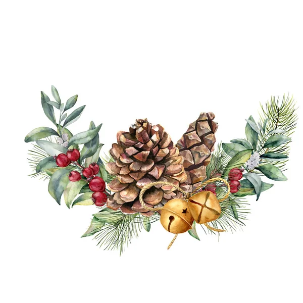 Aquarelle composition florale d'hiver. Des branches de mûres et de sapins peintes à la main, des baies rouges avec des feuilles, un cône de pin, des cloches isolées sur fond blanc. Illustration de Noël pour le design, impression . — Photo