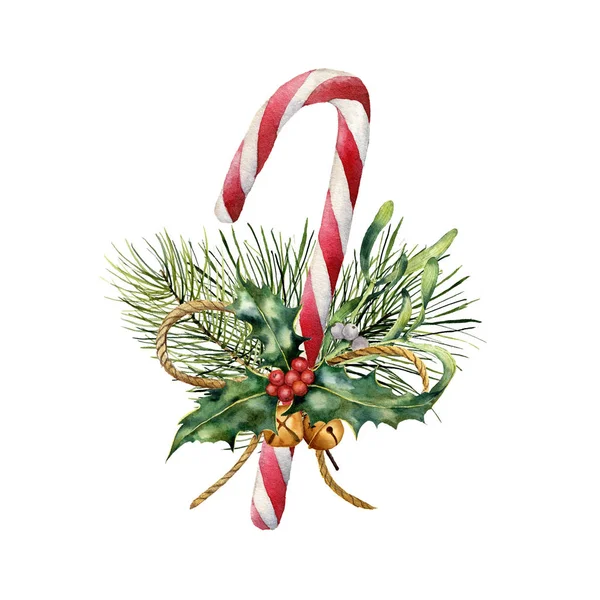 水彩クリスマス装飾が付いている杖。手描きのクリスマス工場で伝統的なお菓子: 白い背景で隔離ヒイラギ、ヤドリギ、ベル、リボン、モミの枝。設計のホリデー印刷. — ストック写真