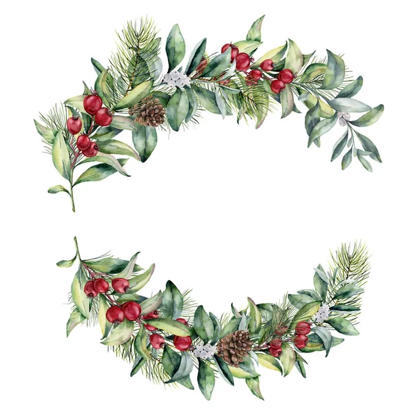 Aquarel bloemen samenstelling van Kerstmis. Hand geschilderd Sneeuwbes en Spar takken, rode bessen met bladeren, dennenappel geïsoleerd op een witte achtergrond. Kerstmis illustratie voor besign, afdrukken, textiel. — Stockfoto