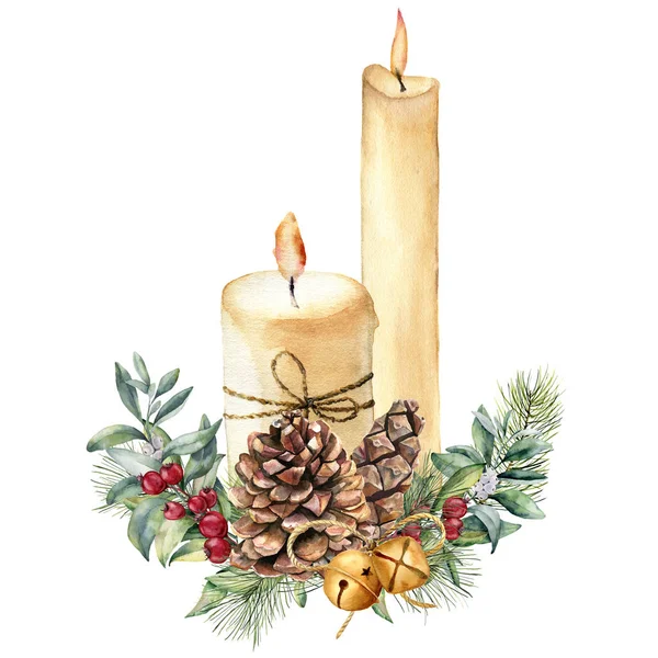 Acuarela Velas de Navidad con decoración navideña. Vela pintada a mano, acebo, rama de árbol de Navidad y campana aislada sobre fondo blanco. Impresión botánica navideña para diseño o impresión. Tarjeta de vacaciones . —  Fotos de Stock