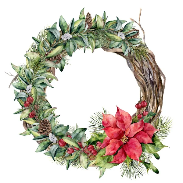 Watercolor traditional Christmas floral wreath. Hand painted poinsettia, snowberry, tree and fir branches, red berries with leaves, holly, pine cone isolated on white. Christmas print for design. — Stock Photo, Image