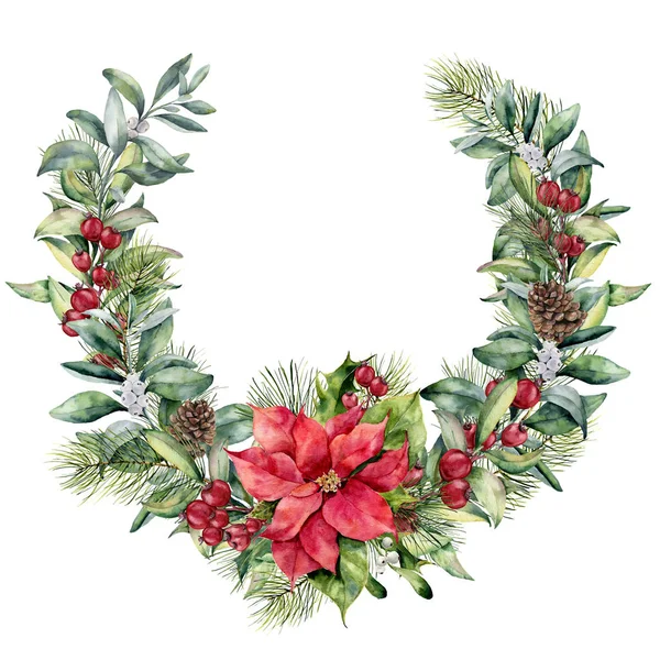 Watercolor Christmas floral wreath with poinsettia. Hand painted snowberry and fir branches, red berries with leaves, pine cone isolated on white background. Christmas illustration for design, print. — Stock Photo, Image