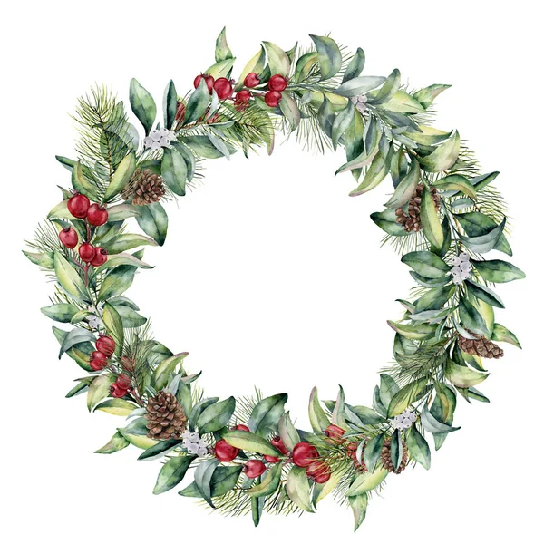 水彩冬花の花輪。手描きの snowberry とモミの葉、枝、赤い果実白い背景に分離された円錐形の松。デザイン、印刷、繊維用のクリスマスのイラスト. — ストック写真