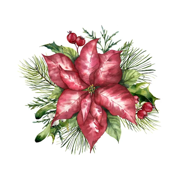 Aquarel roze poinsettia met Kerstmis floral decor. Hand geschilderd traditionele bloemen- en planten: Hulst, Maretak, bessen en Spar tak geïsoleerd op een witte achtergrond. Vakantie afdrukken. — Stockfoto