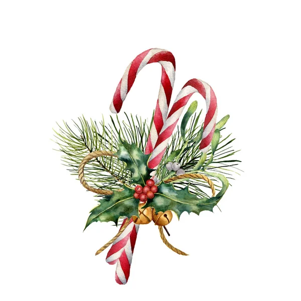 水彩の装飾クリスマス杖。手描きのクリスマス工場で伝統的なお菓子: 白い背景で隔離ヒイラギ、ヤドリギ、ベル、リボン、モミの枝。設計のホリデー印刷. — ストック写真