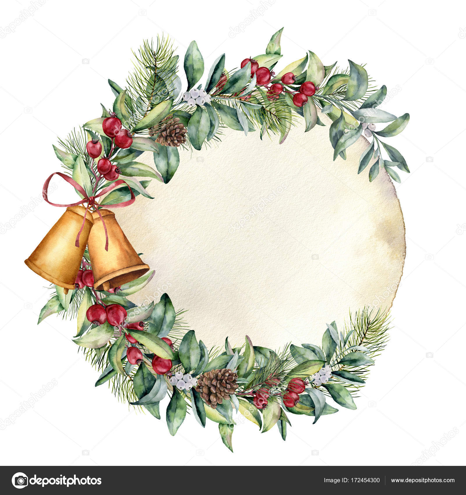 古い紙に水彩クリスマス ラベル。手描きの果実と花の枝とモミ枝、松ぼっくり、鐘とリボンは、白い背景で隔離。ホリデイ ・ クリップアート.—  ストックイラストレーション by © Derbisheva #172454300, image size:1600x1700
