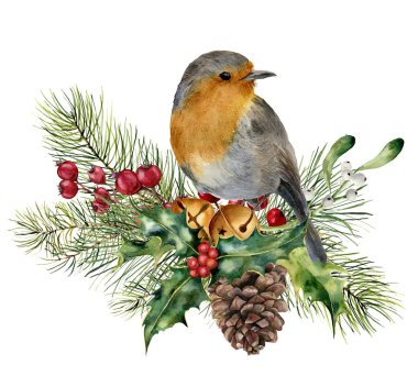 Kuş ile suluboya Noel kompozisyon. El robin köknar ve berry Dalı, ökse otu, holly, çam kozalağı ve beyaz arka plan üzerinde izole çan ile boyalı. Tatil kartı