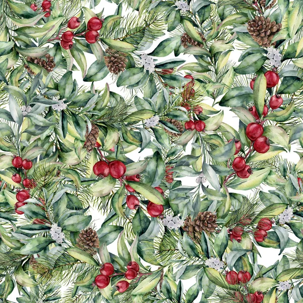 Watercolor Christmas floral pattern. Hand painted snowberry and fir branches, berries and leaves, pine cones isolated on white background. Holiday ornament for design and fabric.