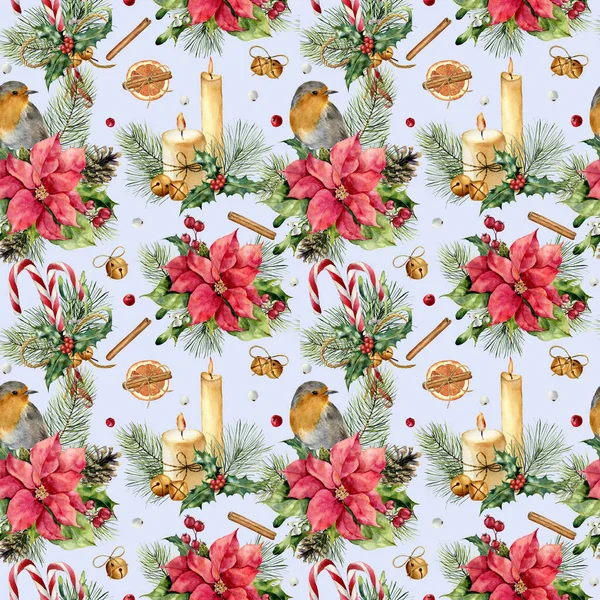Watercolor Christmas pattern with traditional decor. Hand painte — Stock Photo, Image
