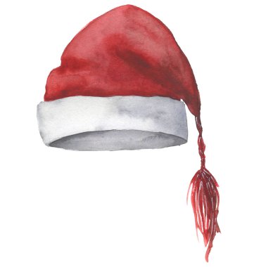 Sulu Boya Noel Baba şapkası. Üzerinde kırmızı şapka izole Noel el boyalı