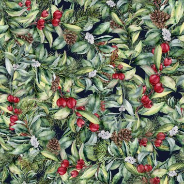 Suluboya kış çiçek seamless modeli. El çiçek dalları, çilek, snowberries, yaprakları ve çam kozalakları boyalı. Tatil Yazdır. Noel küçük resim.