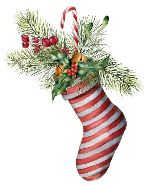 Akvarell jul strumpa med inredning. Handmålad randig strumpa med fir gren, holly, mistel, godis, klockor och bär isolerad på vit bakgrund. Holiday print. — Stockfoto