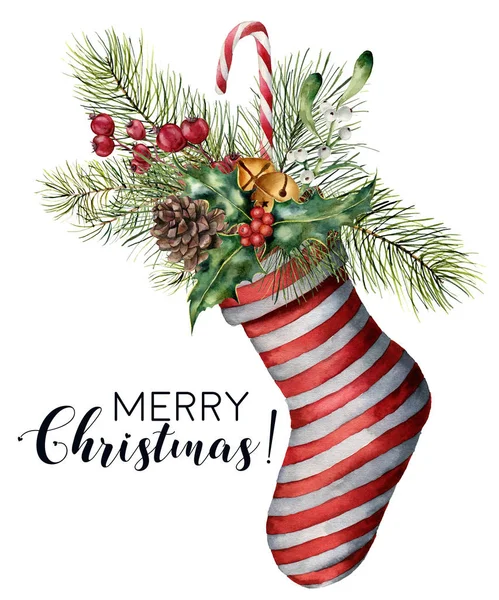 Aquarelle Joyeux Noël carte avec décor. Chaussette rayée de Noël peinte à la main avec branche de sapin, cône de pin, houx, gui, bonbons, cloches et baies isolées sur fond blanc. Tirage vacances . — Photo