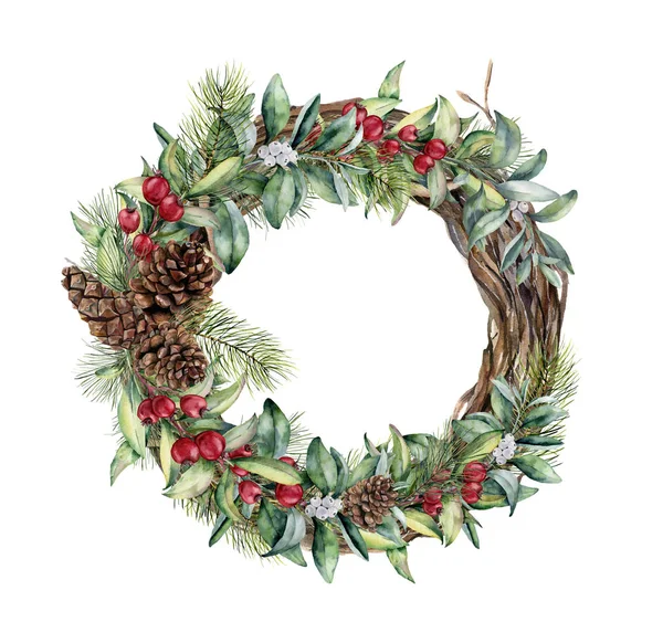 Couronne d'hiver aquarelle. Couronne d'arbres peinte à la main avec des branches florales, des baies, des feuilles et des cônes de pin isolés sur fond blanc. Tirage vacances. Clip art de Noël . — Photo