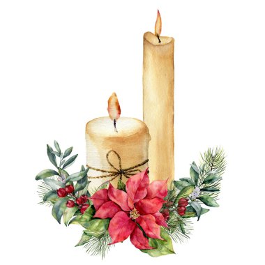 Sulu Boya mum ile Noel çiçek oluşturma. El boyalı köknar dalı, snowberry, çam kozalağı, Atatürk çiçeği, holly, beyaz arka plan üzerinde izole ökseotu. Tatil kartı