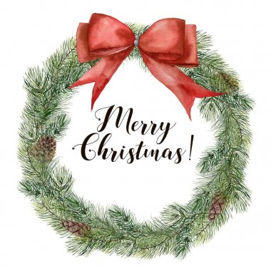 Kırmızı kurdele ile suluboya Noel ağacı çelenk. El boyalı köknar dalı ile beyaz arka plan üzerinde izole çam kozalağı. Tatil çiçek sınır. Botanik gösterim amacıyla tasarım, yazdırma