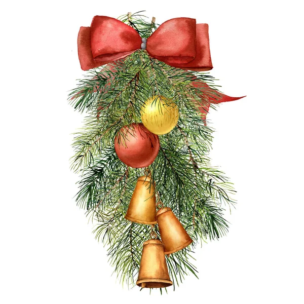 Akvarell karácsonyfa dekoráció zeneszerzést. Kézzel festett fenyő ága a karácsonyi bálok és a harangok, piros szalag elszigetelt fehér background. Nyaralás hagyományos dekoráció design. — Stock Fotó