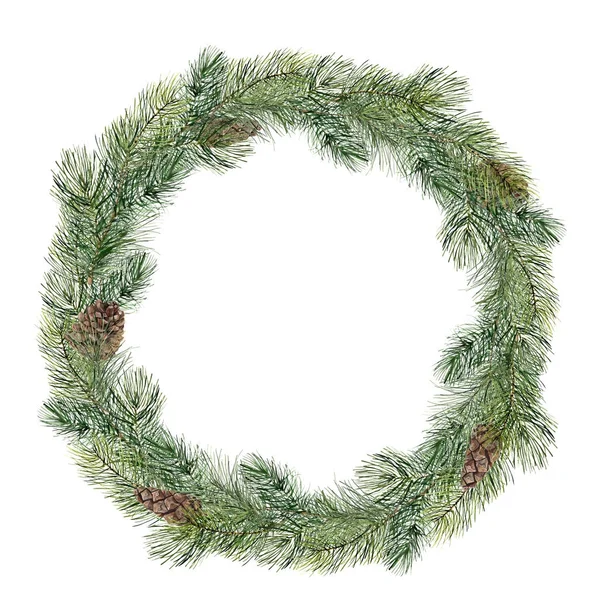 Aquarel kerstboom krans. Hand geschilderde fir tak met dennenappel geïsoleerd op een witte achtergrond. Vakantie floral grens. Botanische illustratie voor ontwerp, afdrukken — Stockfoto