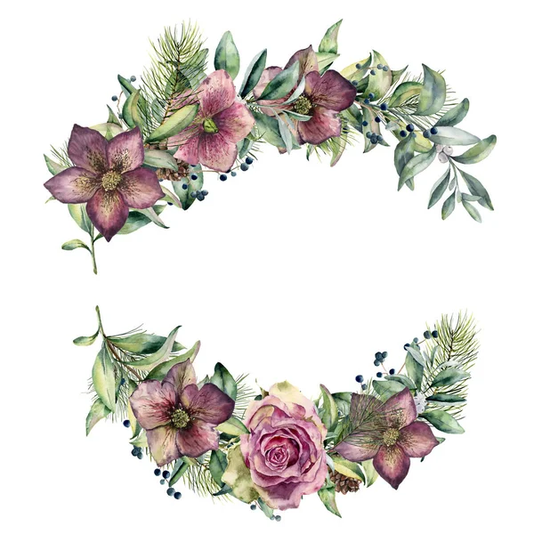 Acuarelă compoziție florală cu flori de hellebore și trandafir. Pictate manual zăpadă, ramură de brad și frunze, suculente izolate pe fundal alb. Buchet floral de iarnă pentru design. Imprimare vacanță — Fotografie, imagine de stoc