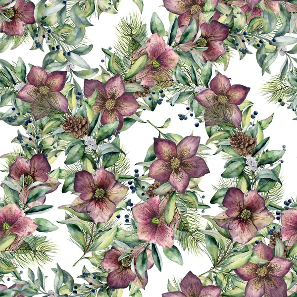 Akvarell sömlösa mönster med Helleborus blommor. Handmålade snowberry, fir gren och blad, bär isolerad på vit bakgrund. Vinter blommig prydnad för design och fabris. Holiday print. — Stockfoto