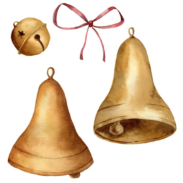 Akvarell bells inställd. Hand målade traditionella guld klockor och rött band isolerad på vit bakgrund. Holiday illustration. Christmas symbol för design eller Skriv ut. — Stockfoto