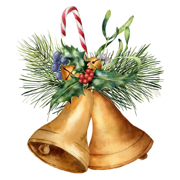 Campane di Natale ad acquerello con decorazioni natalizie. Composizione floreale dipinta a mano con agrifoglio, vischio, caramelle, ramo di abete, campane, bacche di ginepro isolate su sfondo bianco . — Foto Stock