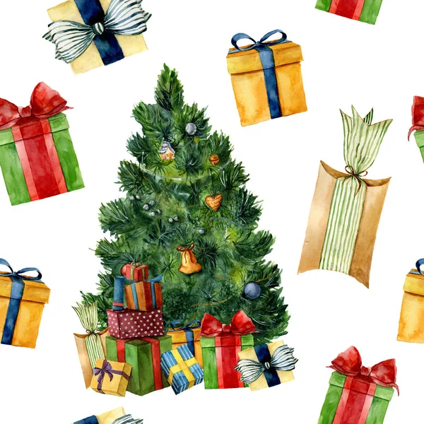 Ακουαρέλα διακοπών μοτίβο χριστουγεννιάτικο δέντρο με κουτιά δώρων. Χειροποίητη διακοπές κόσμημα που απομονώνονται σε λευκό φόντο. Για το σχεδιασμό, εκτύπωση και ύφασμα. — Φωτογραφία Αρχείου