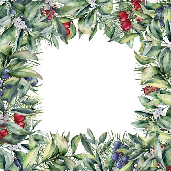 Acuarela borde de invierno. Tarjeta floral pintada a mano con bayas de nieve, eucalipto y bayas aisladas sobre fondo blanco. Impresión navideña para diseño . — Foto de Stock