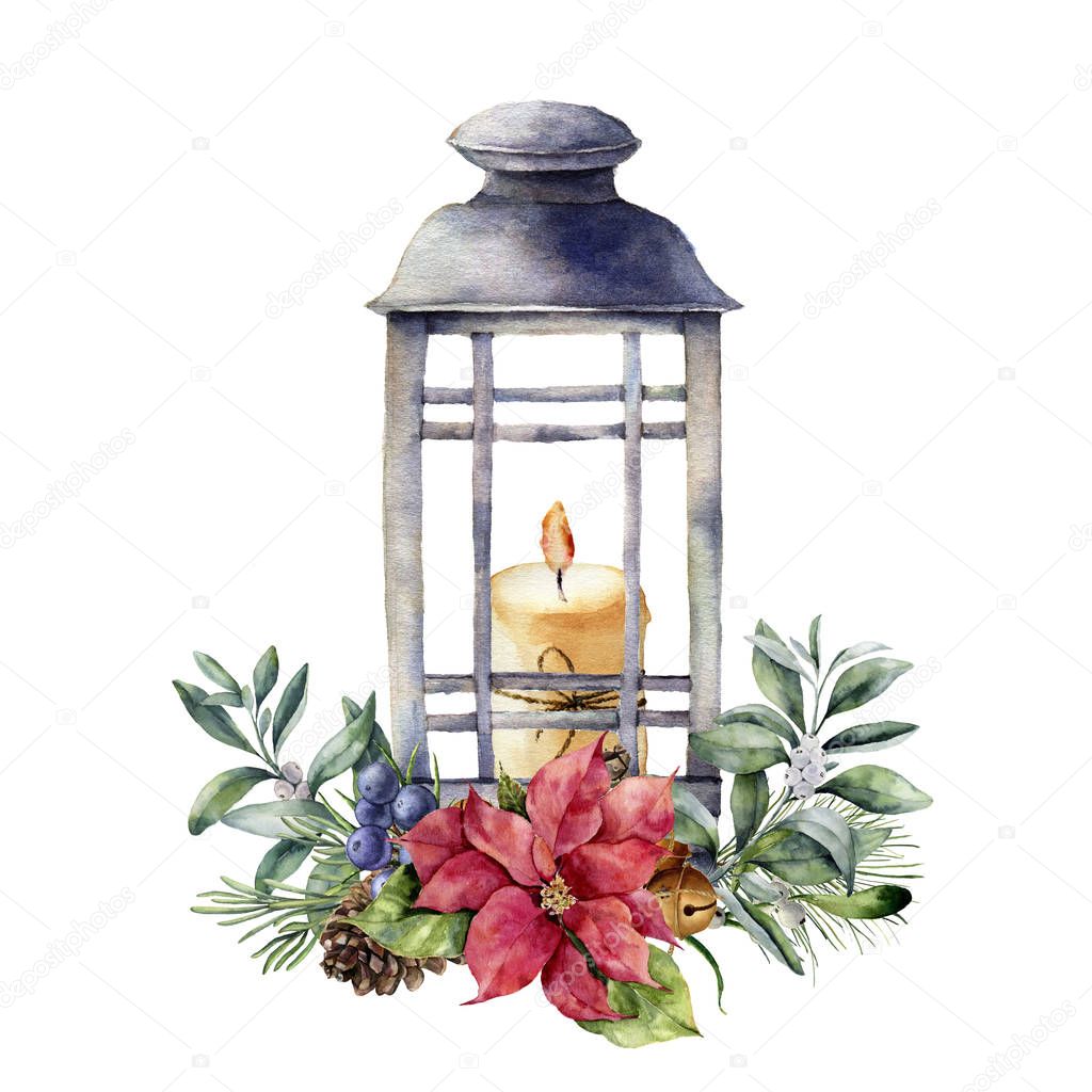 Watercolor Christmas lantern with candle and holiday decor. Hand painted floral composition with holly, mistletoe, poinsettia, fir branch, bells, juniper berries isolated on white background.