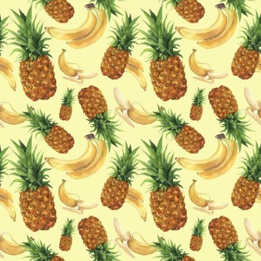 Sulu Boya desen ananas ve muz ile. El tropikal meyve sarı arka plan üzerinde izole yaprakları ile boyalı. Gıda botanik gösterim amacıyla tasarım veya Yazdır.