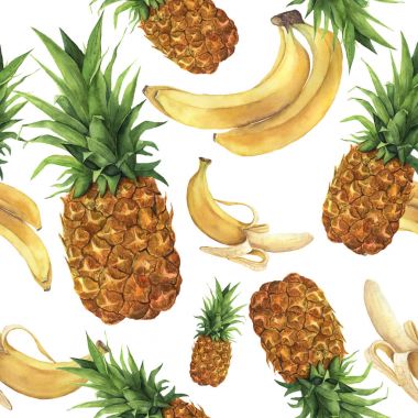 Suluboya ananas ve muz desen. Beyaz arka plan üzerinde izole yaprakları ile tropikal meyve el boyalı. Gıda botanik gösterim amacıyla tasarım veya Yazdır.