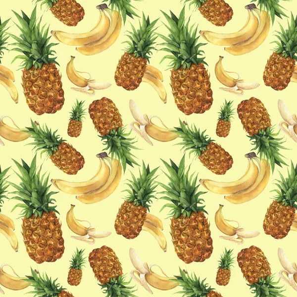 Akvarell mönster med ananas och bananer. Handmålade tropiska frukter med blad isolerad på gul bakgrund. Mat botaniska illustration för design eller Skriv ut. — Stockfoto