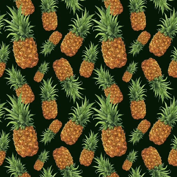 Suluboya ananas desen. El tropikal meyve koyu yeşil arka plan üzerinde izole yaprakları ile boyalı. Gıda botanik gösterim amacıyla tasarım veya Yazdır.