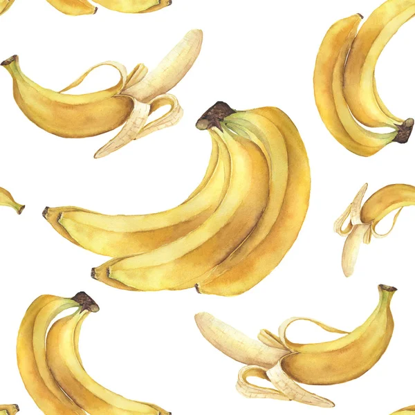 Patrón de bananas acuarela. Frutos tropicales pintados a mano aislados sobre fondo blanco. Ilustración botánica de alimentos para diseño o impresión . —  Fotos de Stock