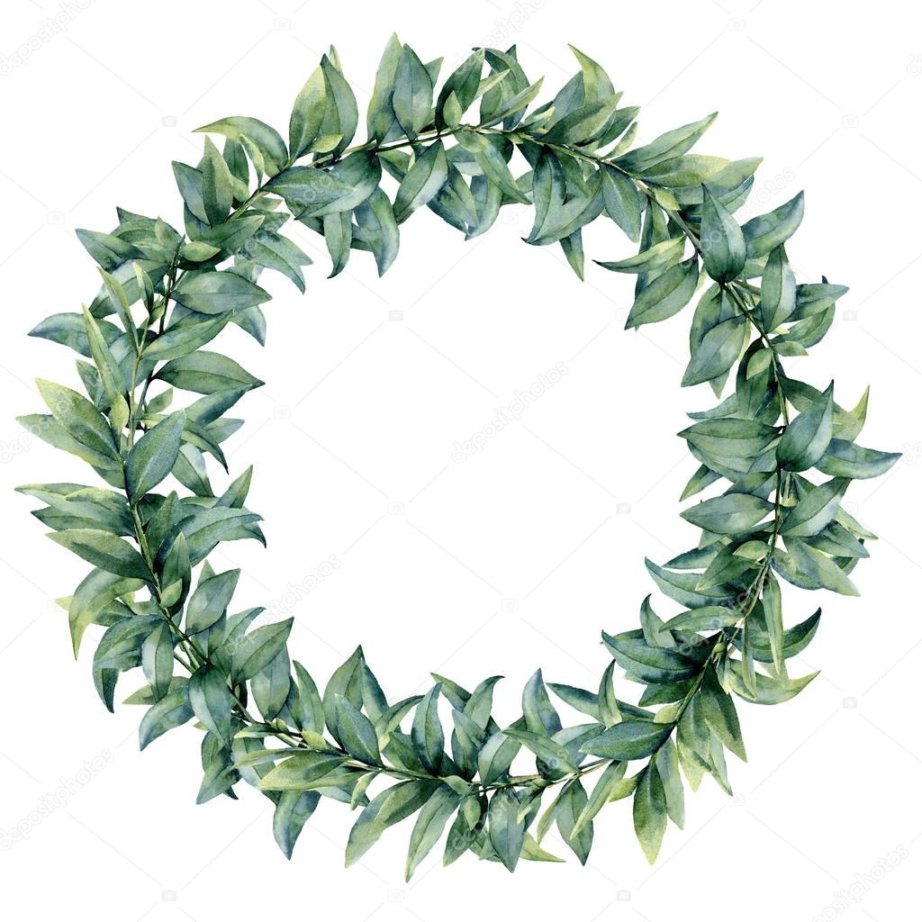Watercolor eucalyptus elegant wreath. Hand painted exotic leaves and branch isolated on white background. Botanical floral illustration. For design or print.