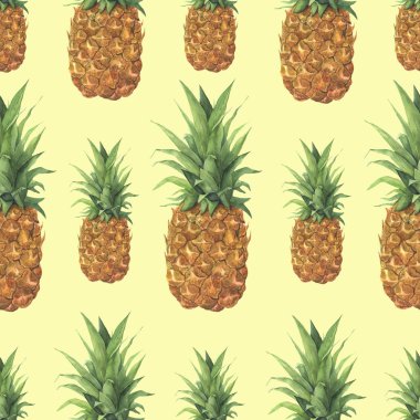 Suluboya ananas tropikal desen. El tropikal meyve sarı arka plan üzerinde izole yaprakları ile boyalı. Gıda botanik gösterim amacıyla tasarım veya Yazdır.