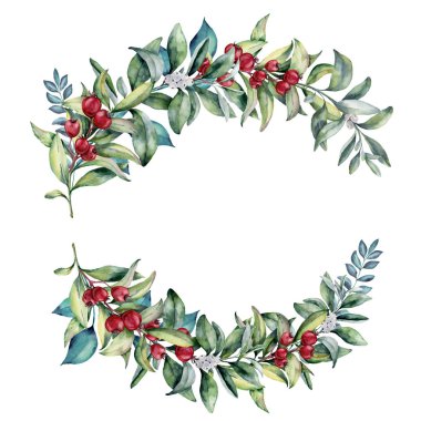 Suluboya çiçek şube ile kırmızı meyveler, okaliptüs. Beyaz arka plan üzerinde izole yaprakları ile çiçek kompozisyon el boyalı. Botanik illüstrasyon tasarımı için. Kış bitki