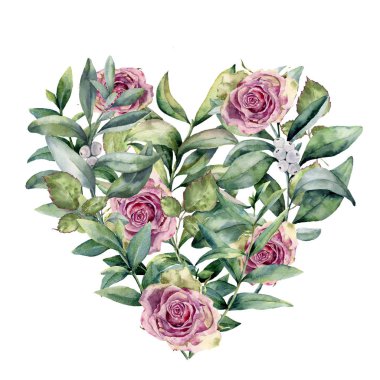 Suluboya çiçek kalp okaliptüs ve gül ile. El okaliptüs dalları yaprağı, beyaz arka plan üzerinde izole pembe çiçekler ile boyalı. Sevgililer günü illüstrasyon.