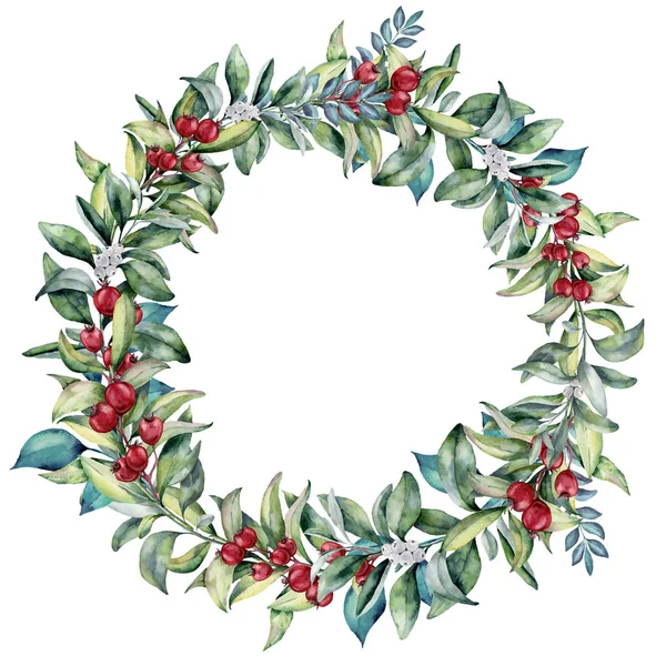 Watercolor floral wreath with berries and eucalyptus. Hand painted eucalyptus branches with leaves, red and white berries isolated on white background. — Stock Photo, Image