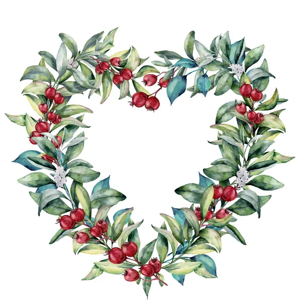 Akwarele serca kwiatowy wianek. Ręcznie malowane eukaliptusa gałęzie z liśćmi, czerwone i białe jagody na białym tle na białym tle. Walentynki-dzień ilustracja. — Zdjęcie stockowe