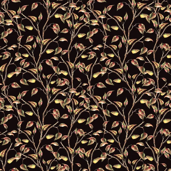 Акварельний безшовний візерунок з гілкою дерева з листям. Ручний пофарбований осінній орнамент ізольований на чорному тлі для дизайну, тканини або друку — стокове фото