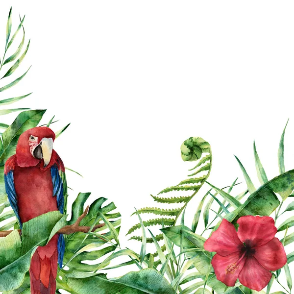 Watercolor exotic floral card with parrot. Hand painted tropical