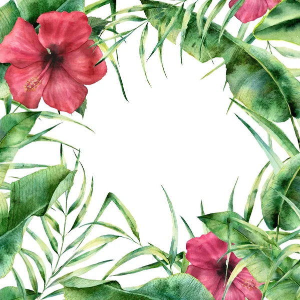 Akvarell virágos keret trópusi növényekkel és virágokkal. Kézzel festett egzotikus határ Pálma levelek, banán ág és hibiszkusz elszigetelt fehér background. Esküvői és üdvözlés design. — Stock Fotó