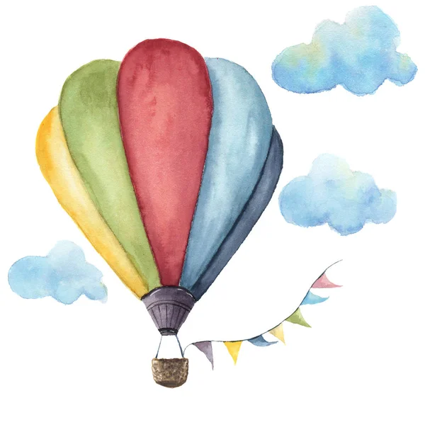 Watercolor hot air balloon set. Hand drawn vintage air balloons with flags garlands, clouds and retro design. Illustrations isolated on white background — Stock Photo, Image