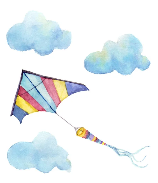 Watercolor kite air set. Hand drawn vintage kite with clouds and retro design. Illustrations isolated on white background — Stock Photo, Image