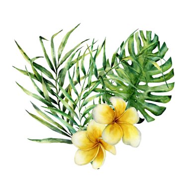 Suluboya çiçek kalp tropikal yaprak ve çiçek ile. El buketi tasarımı için beyaz arka plan üzerinde izole plumeria monstera, palm dal ve yaprakları, boyalı. Sevgililer günü.
