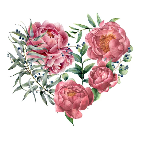 Akwarele serca kwiatowe z piwonii i eukaliptusa. Ręcznie malowane bukiet z eukaliptusa gałęzi i liści, kwiaty na białym tle. Botanicznych ilustracji do projektowania. Walentynki. — Zdjęcie stockowe