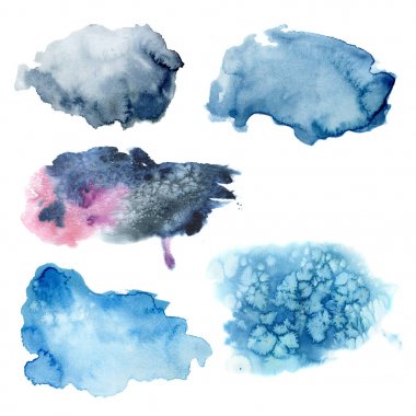 Suluboya mavi set lekeleri. Soyut öğeler Isolated beyaz zemin üzerine el boyalı. Tasarım ve baskı için.